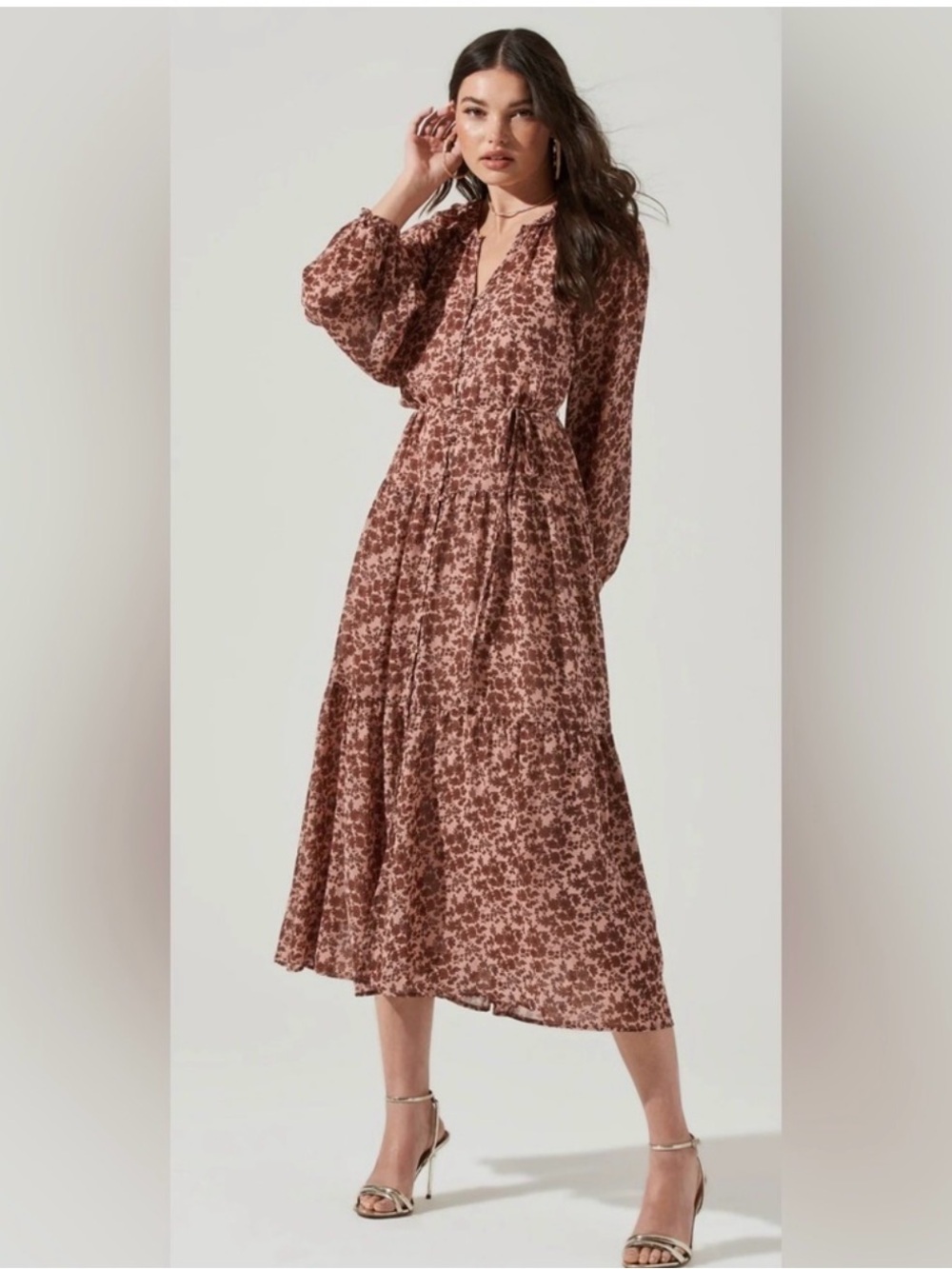 ASTR the label Long Sleeve Midi Dress - Brown Floral Size XL